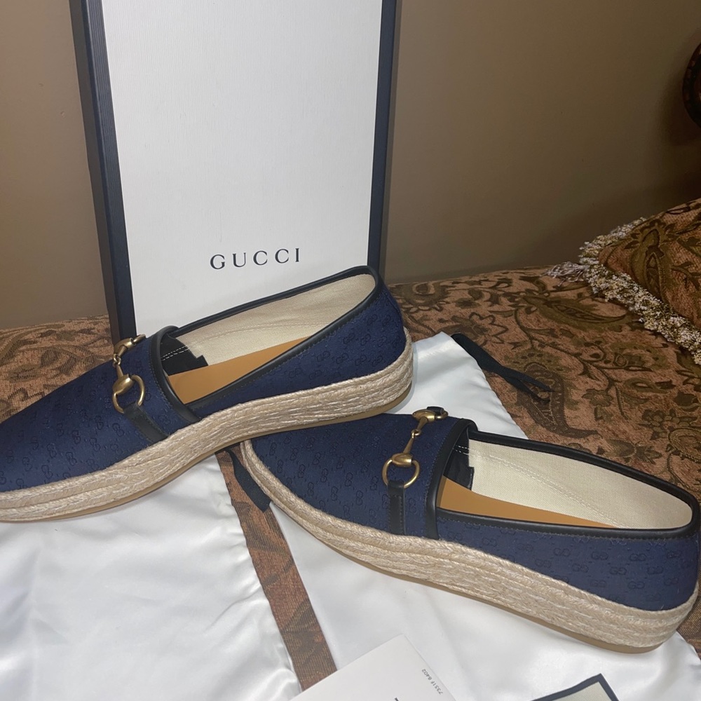 Gucci London Blue GG  Mignon Soft Canvas Horsebit Flat Espadrilles Men Sz 11 NIB - Picture 4 of 15